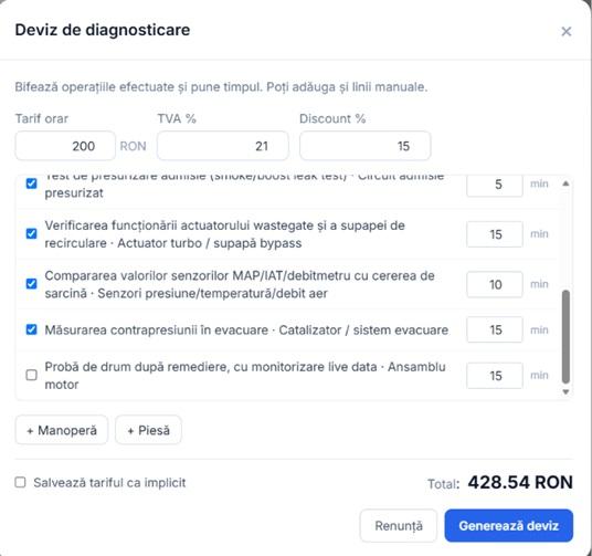 Devizul se compune din operațiunile bifate, la tariful și discountul tău