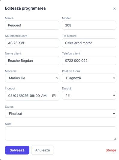 Programare individuală, cu mecanicul și postul de lucru alocate