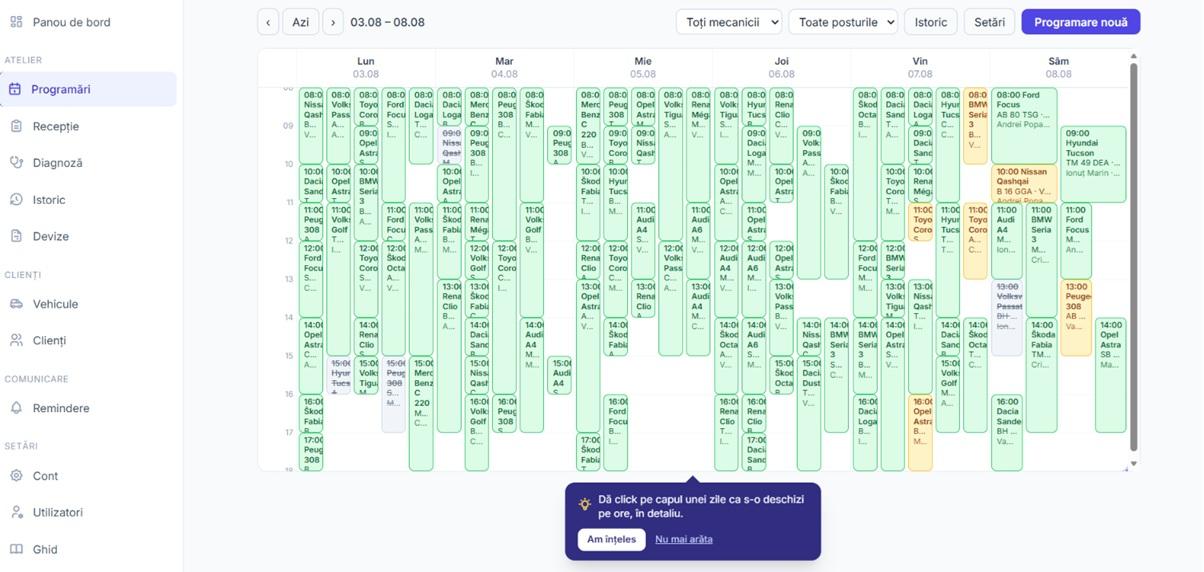 Săptămâna întreagă, cu toate programările pe mecanici