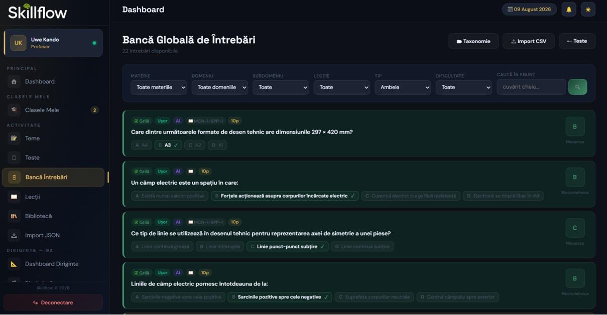 Banca de întrebări, cu taxonomie și filtre